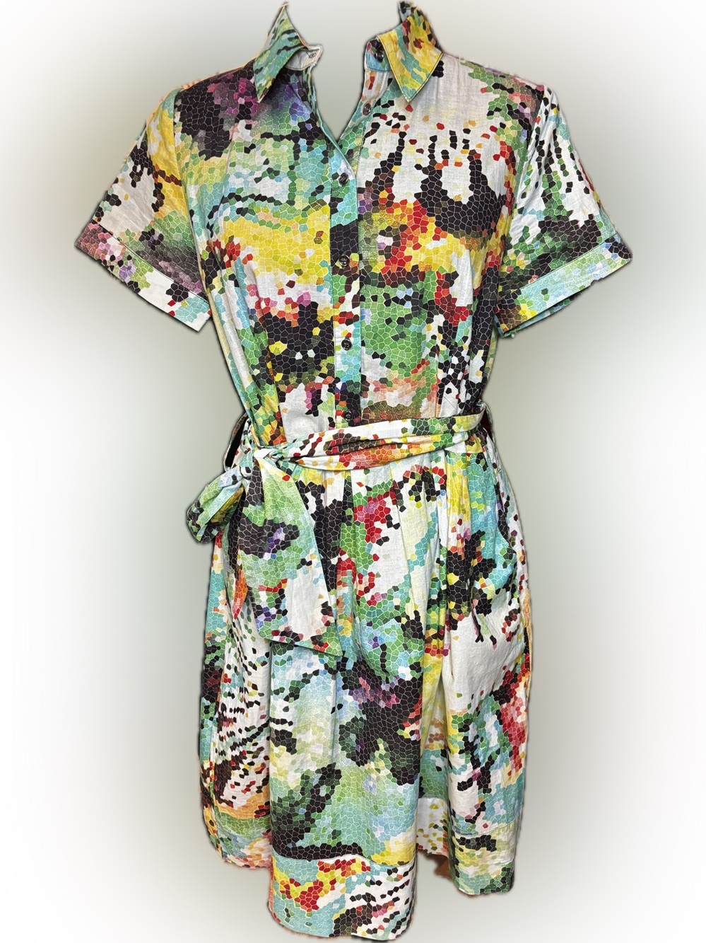 Katherine Barclay Mosaic Floral Cotton Shirt Dress with Belt Sz 6